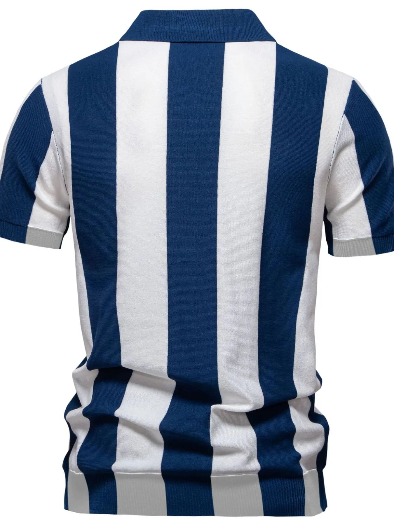 Striped zip-collar polo shirt with blue-and-white vertical stripes, back view, ribbed hem