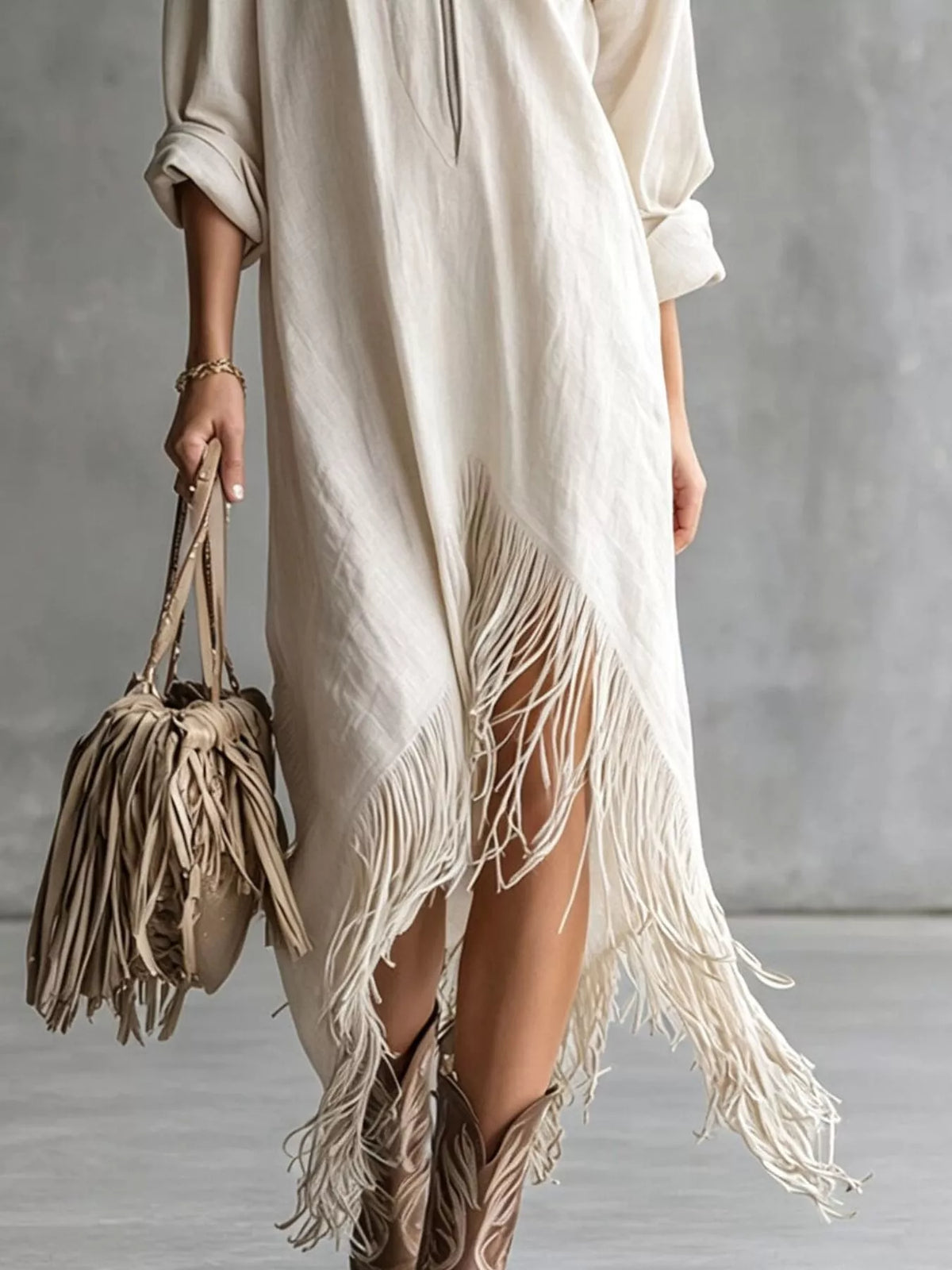 White midi dress with side fringe panels and front zipper