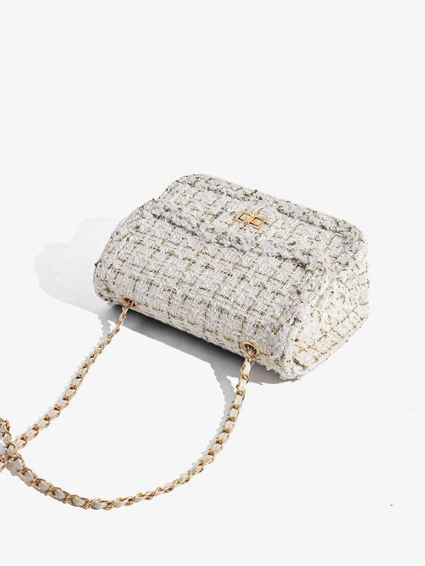 Tweed Chain Shoulder Bag by Trendsi, medium cream tweed with gold-tone chain strap