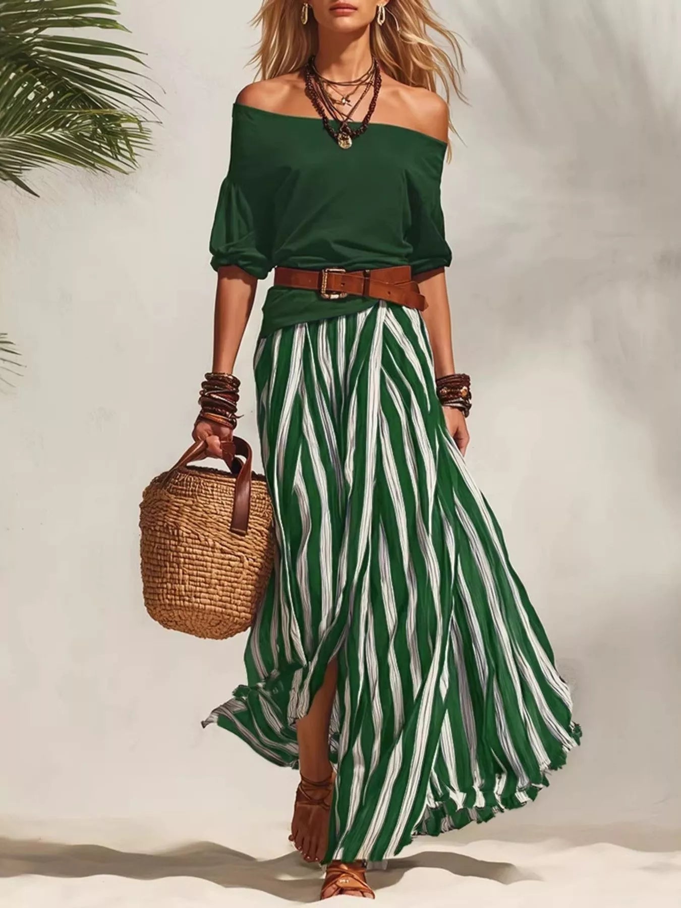 Green off-shoulder top and green-and-white striped maxi skirt set with brown belt.