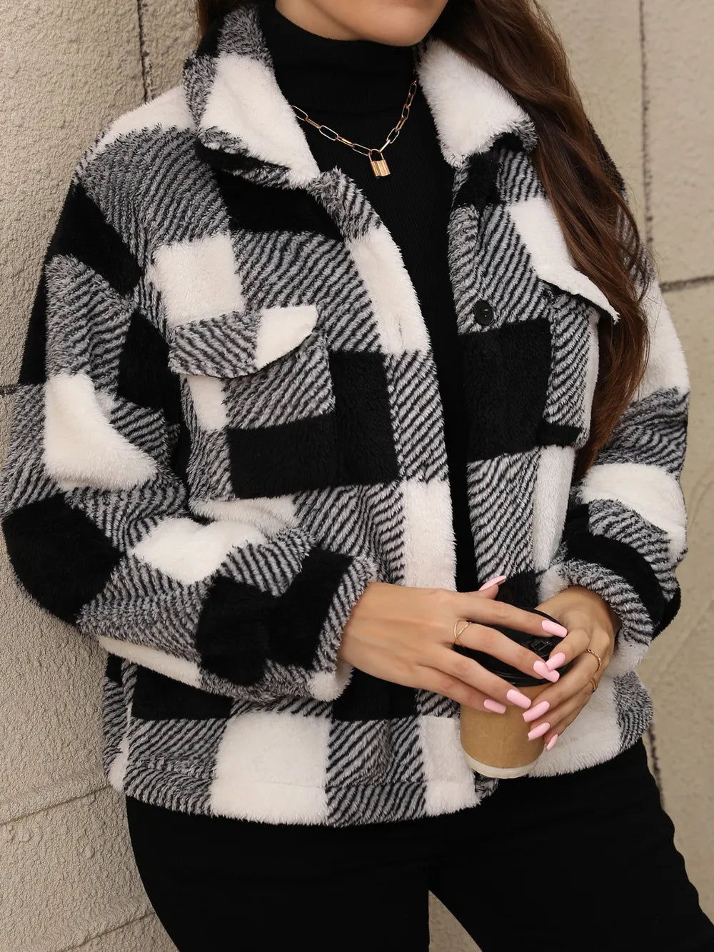 Black-and-white plaid jacket, sherpa collar, button front, front pockets
