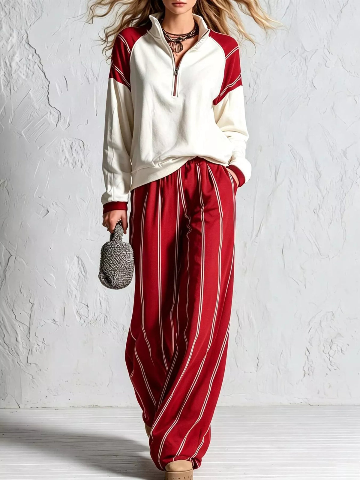 Red striped lounge set with quarter-zip pullover and wide-leg pants