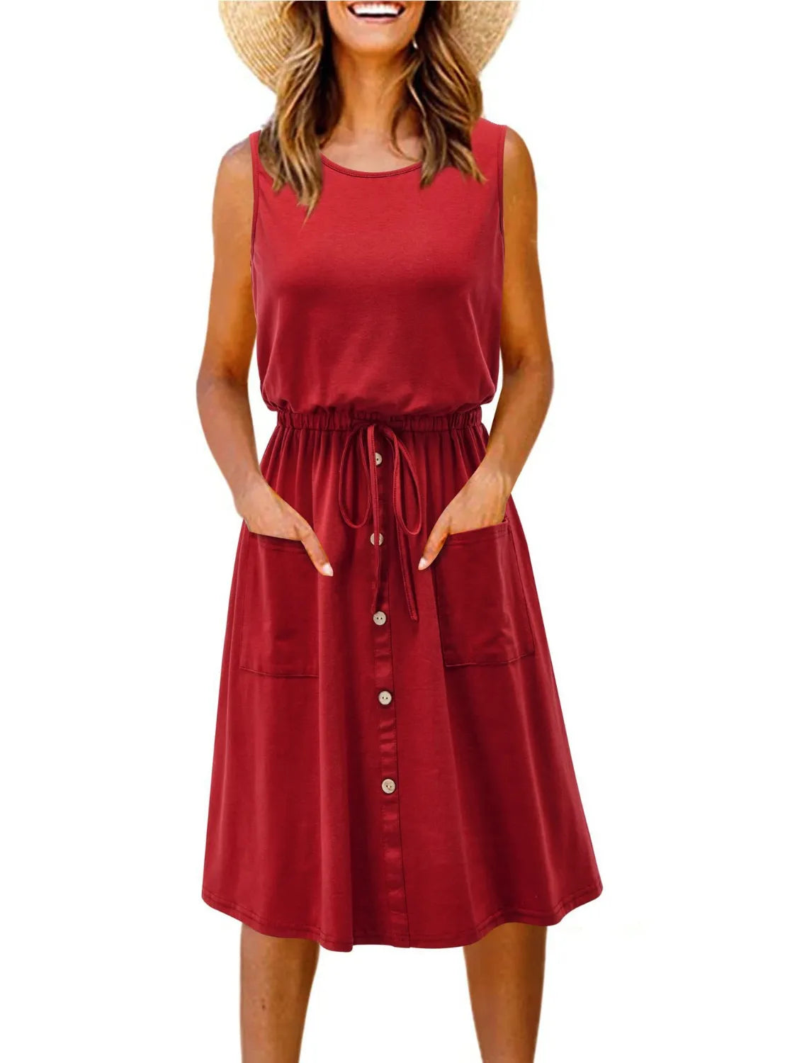 Trendsi plus size red sleeveless tank dress with drawstring waist, button-front, front pockets