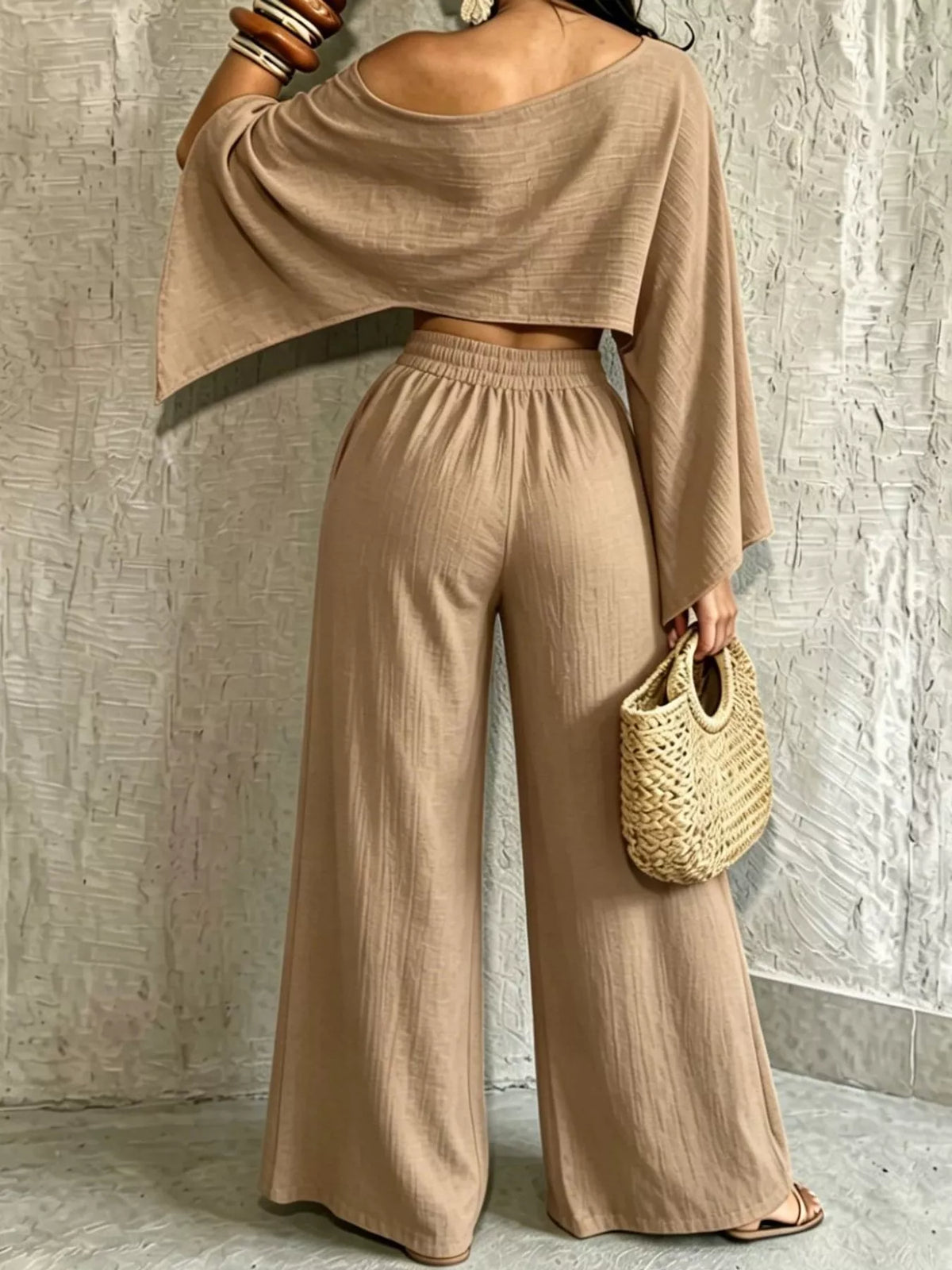 Beige boat-neck crop top and wide-leg pants set with wide elastic waistband