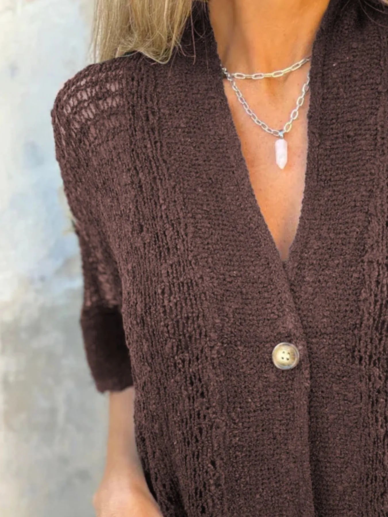 Plus size one-button cardigan in dark brown with V-neck and half sleeves, textured knit