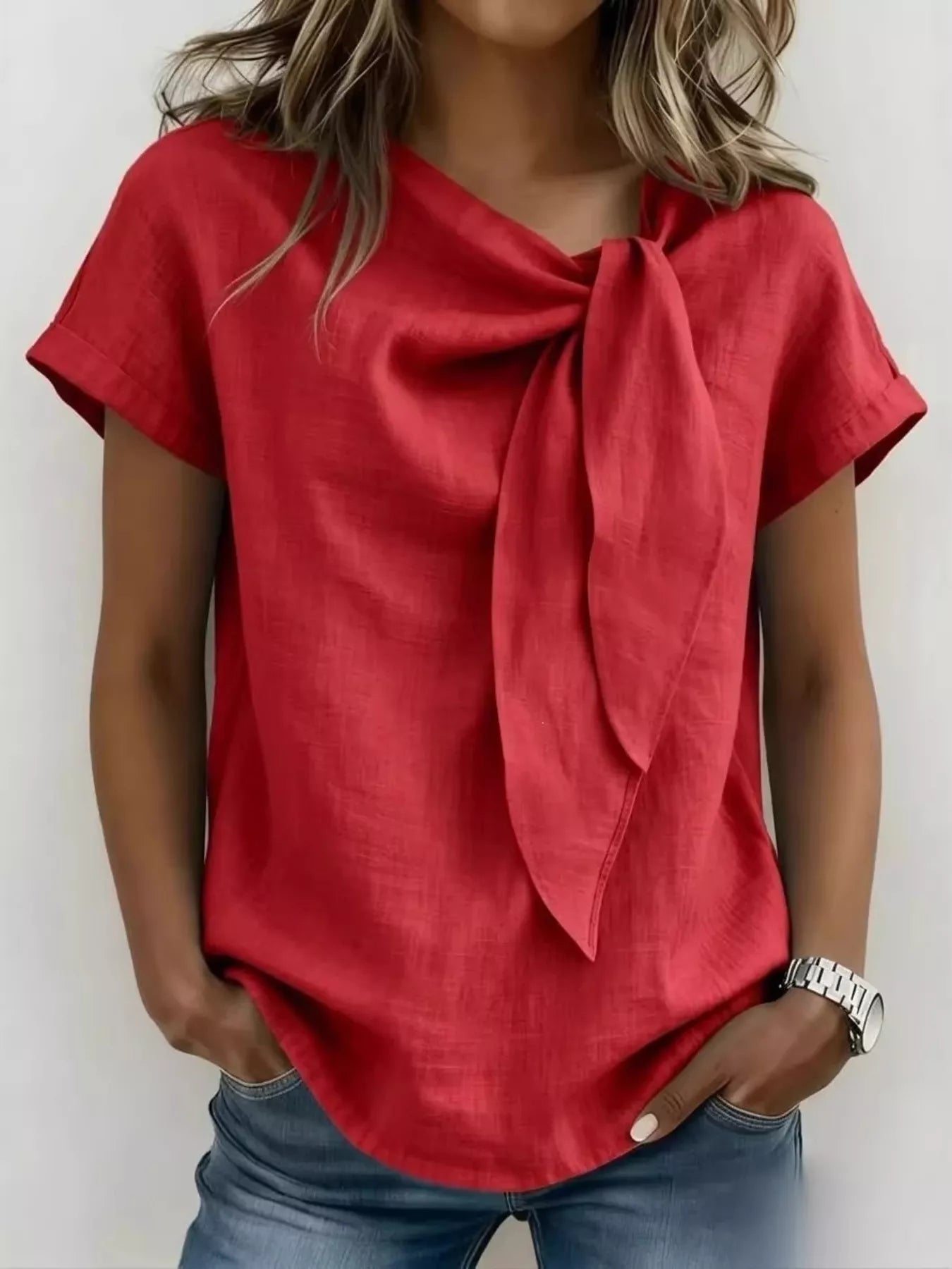 Red bow-tie neck short-sleeve blouse with long neck tie bow