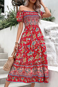 Deep red floral off-shoulder smocked midi dress with tiered border trim