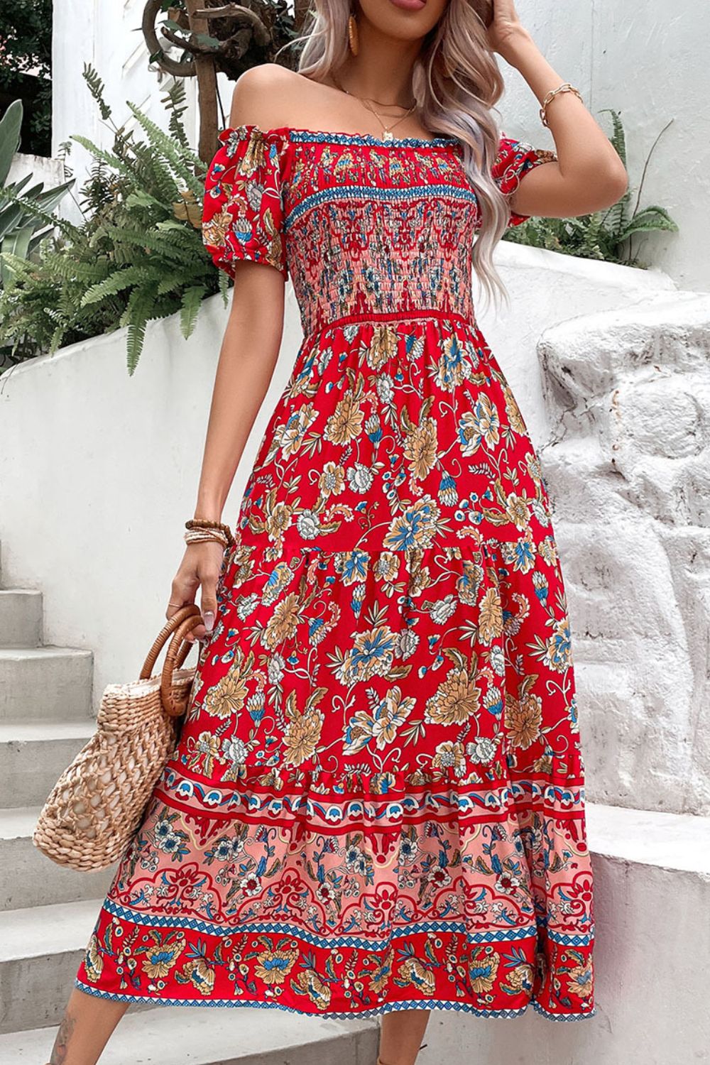 Deep red floral off-shoulder smocked midi dress with tiered border trim