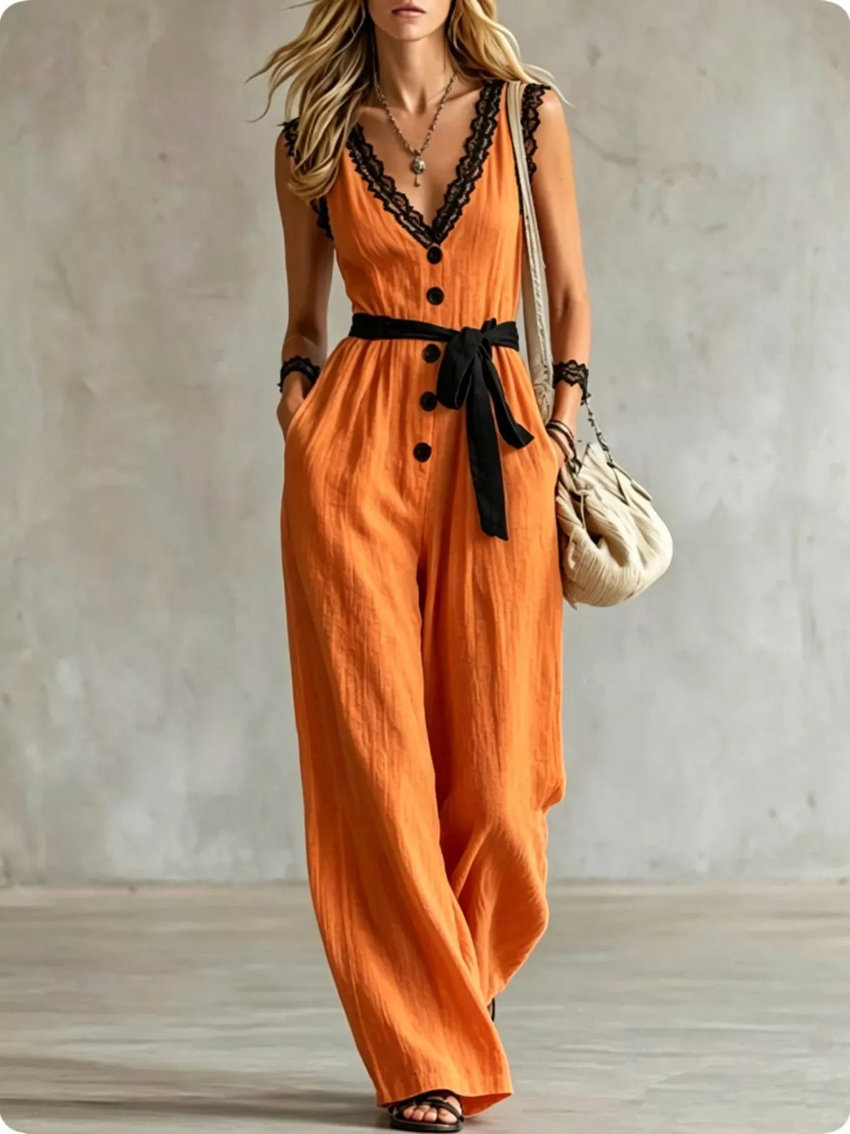 Orange lace-trim V-neck sleeveless jumpsuit with black ribbon tie and button placket