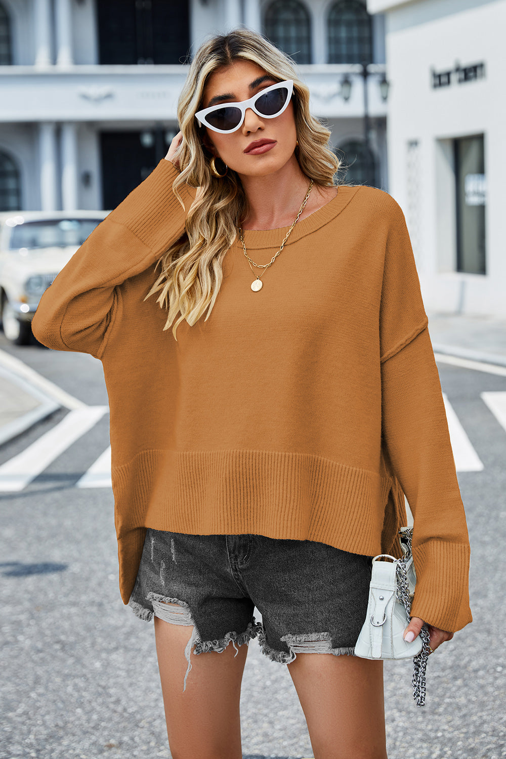 Ochre round-neck dropped-shoulder sweater with slit hem and ribbed cuffs