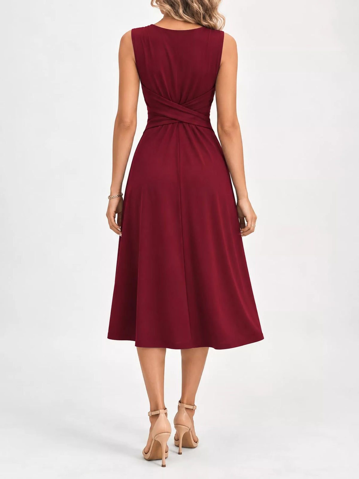 Burgundy sleeveless midi dress back view with gathered crisscross waist