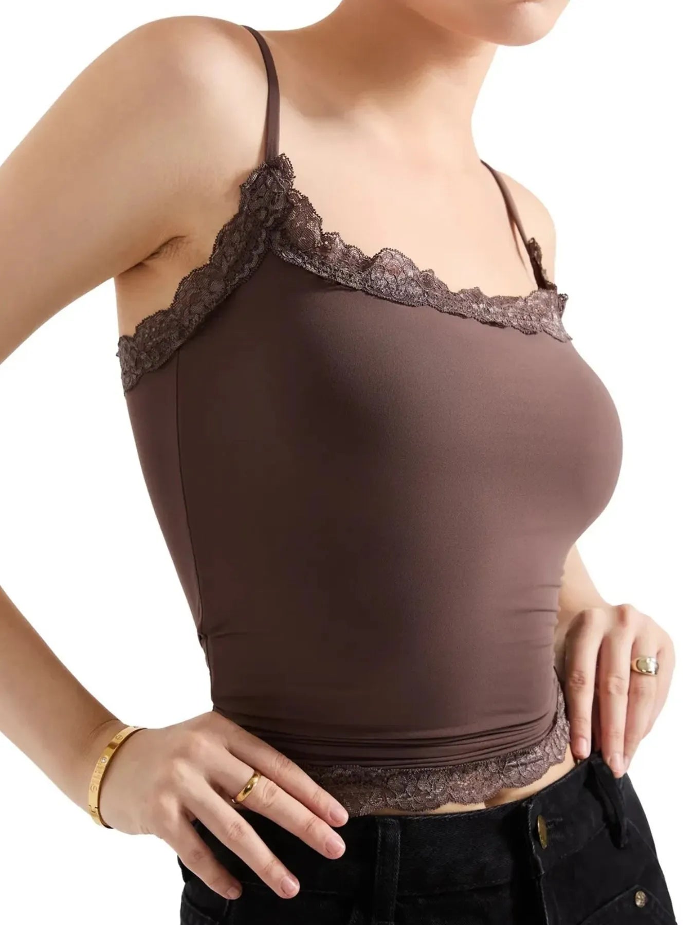 Brown ruched cami top with lace trim hem and adjustable straps