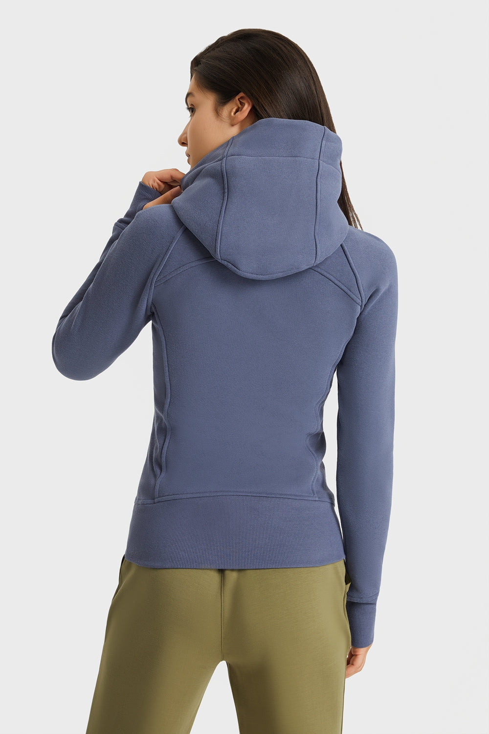Navy zip-up hooded sports jacket, back view with hood