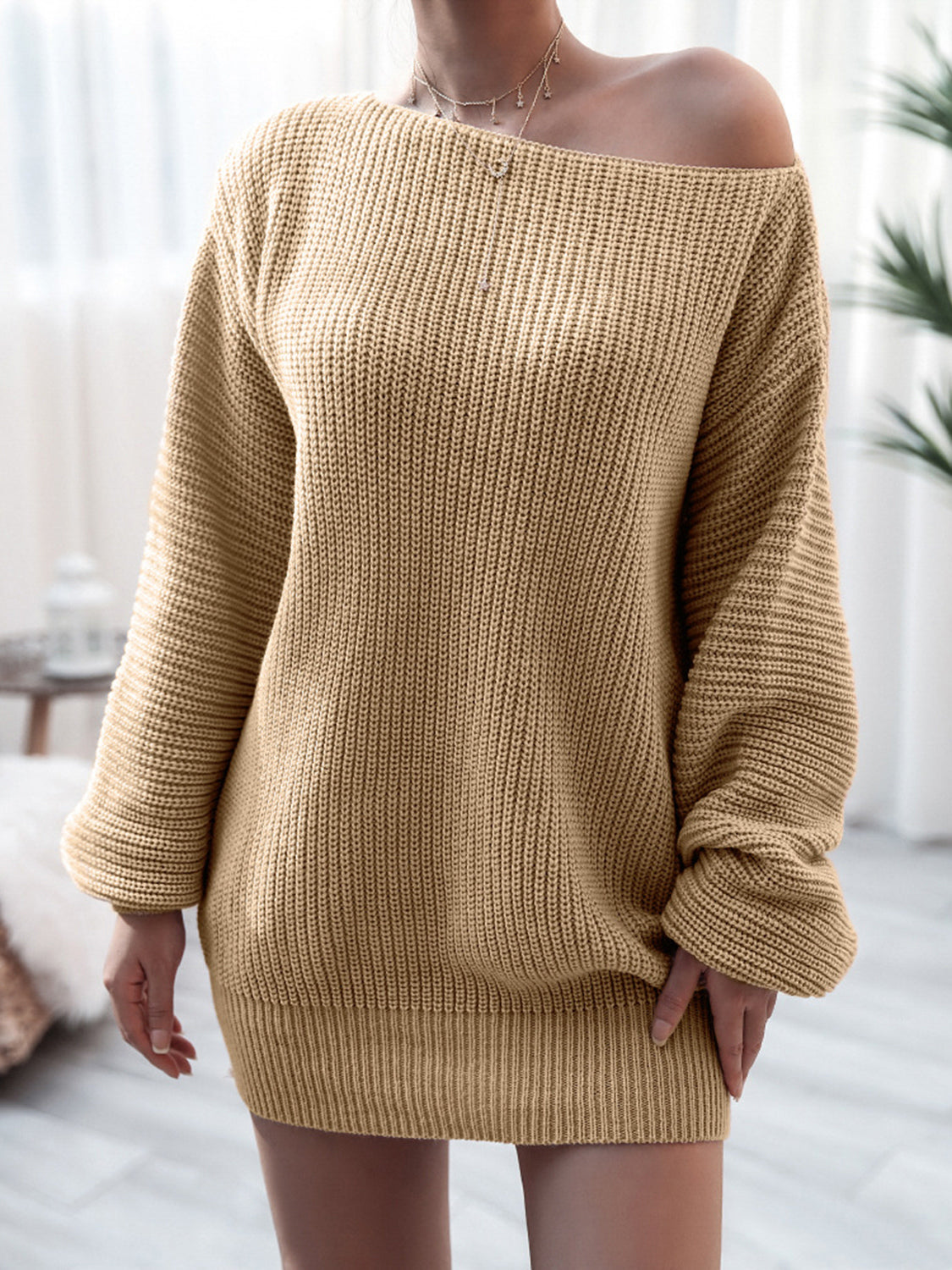 Rib-knit mini sweater dress, light khaki, long sleeves, wide neckline.