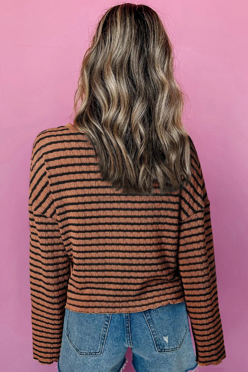 Caramel striped long-sleeve blouse with henley placket; cropped view showing back
