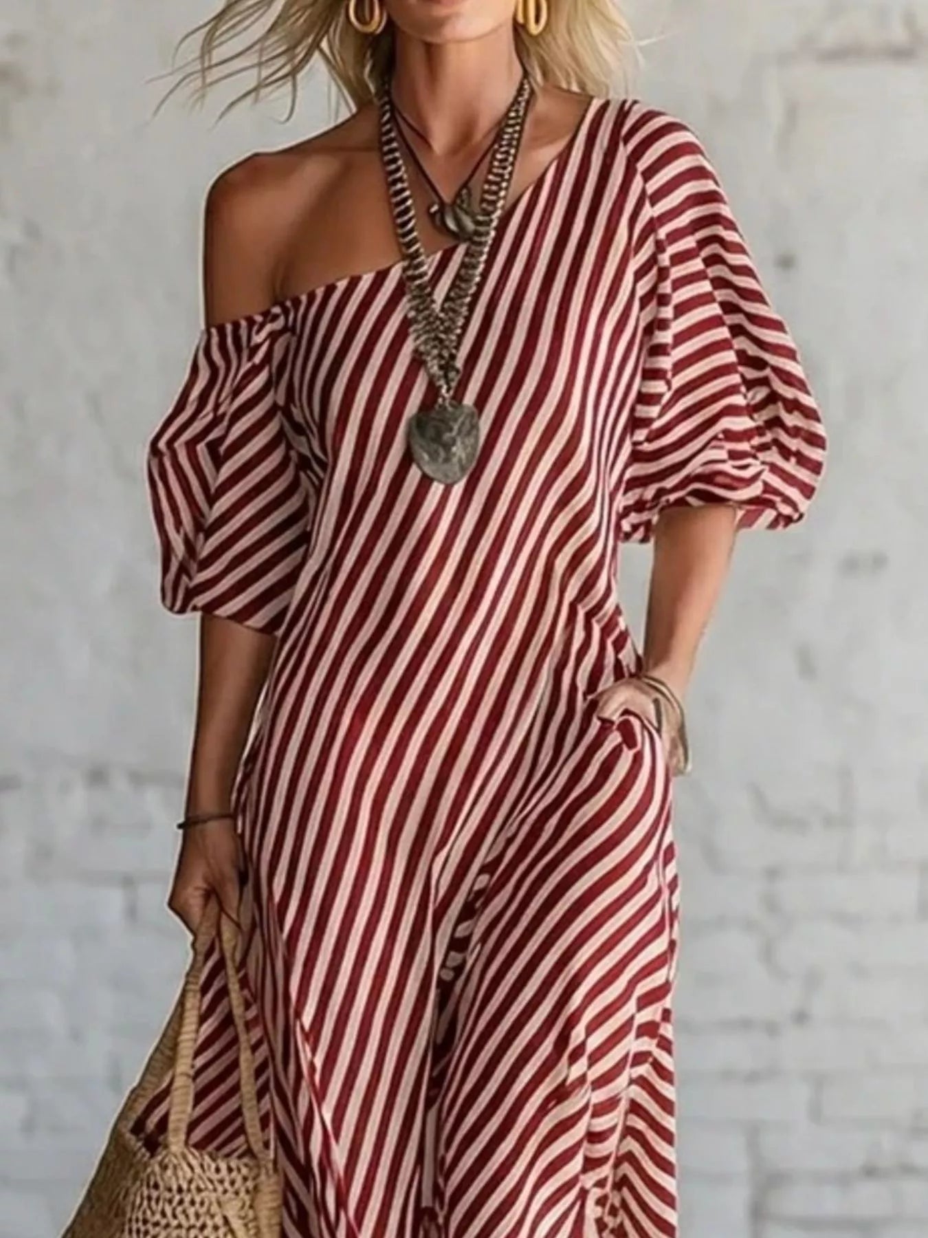 Cedar & Moore full-size striped one-shoulder casual maxi dress, red/white, plus size, pocketless, Trendsi