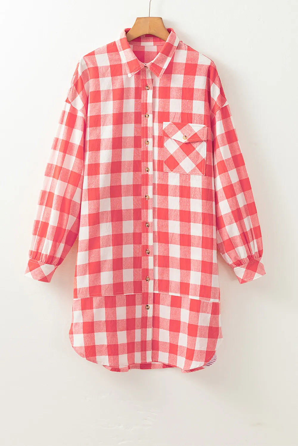 Strawberry plaid shirt dress with button front and chest pocket, long sleeves