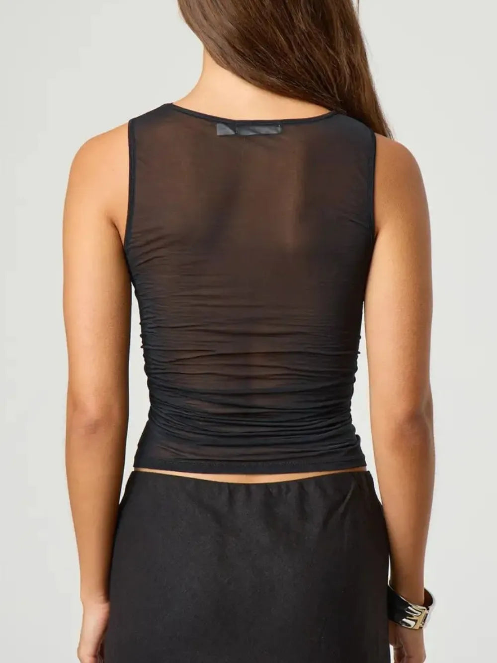 Black ruched round-neck sleeveless tank top with ruched draped back