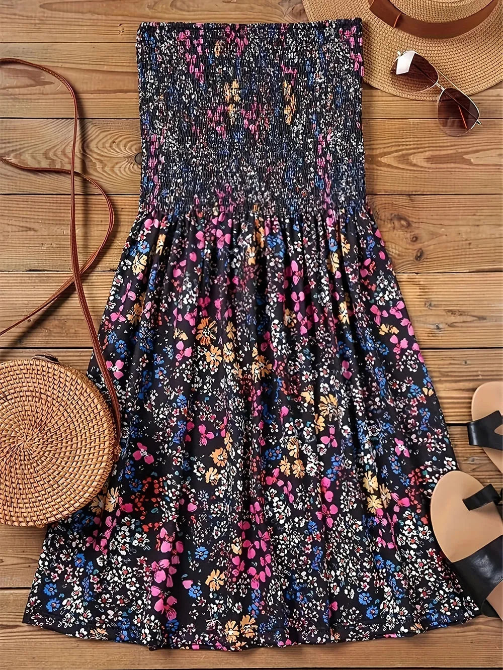 Dress by Trendsi: smocked printed floral maxi on black with pink, blue and yellow blooms