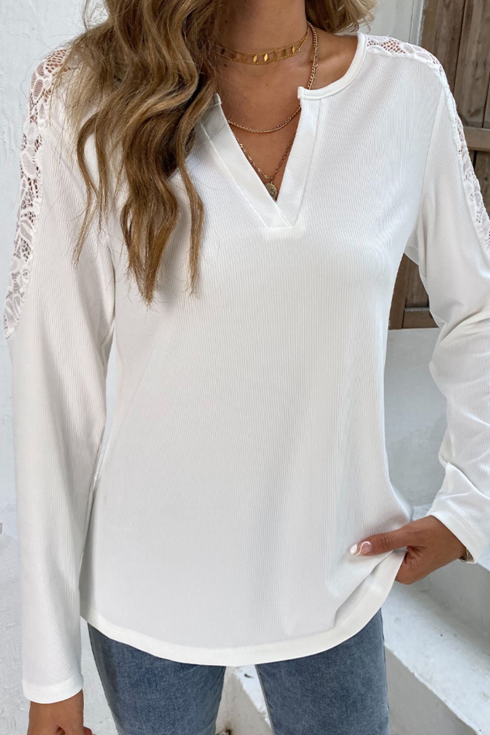 Cedar & Moore Shiny Spliced Lace Notched Neck Top, white ribbed knit, lace shoulder panels, regular sizing
