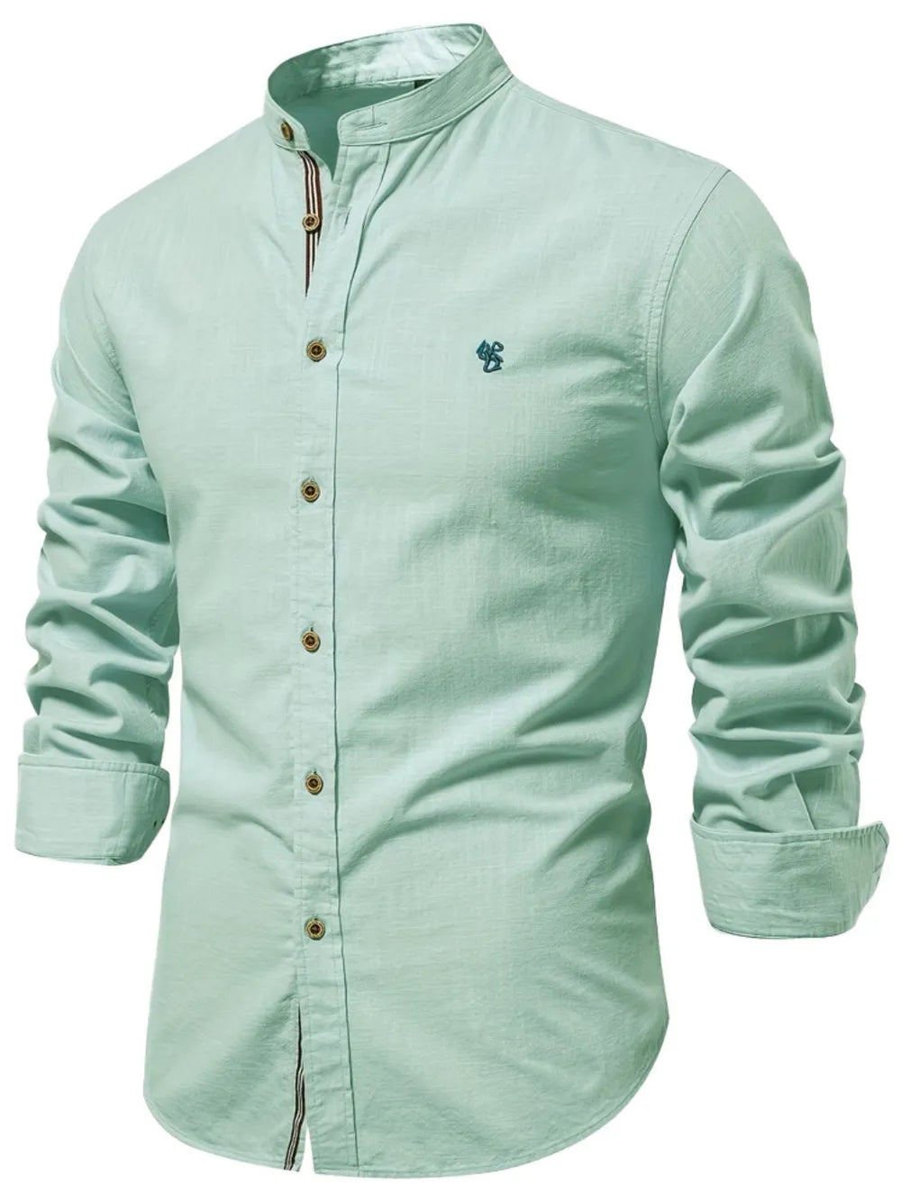 Men's mint green button-down shirt with embroidered chest logo and button placket