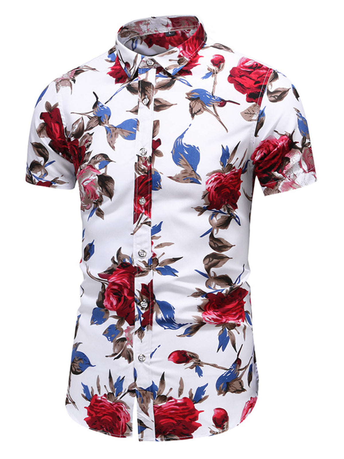 Floral print short-sleeve button-up shirt, white with red and blue rose pattern