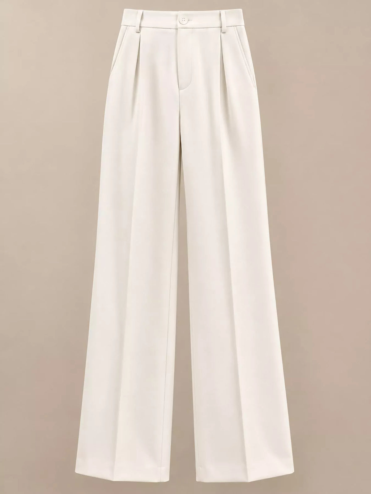 Off-white high-waisted pleated wide-leg pants, front view with center pleats