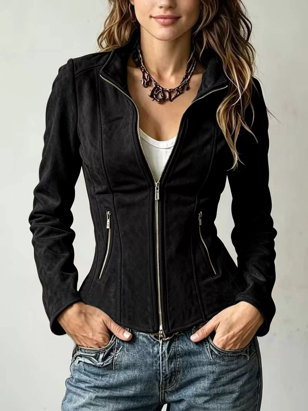 Black slim-fit zip-up jacket with front zipper and side pockets