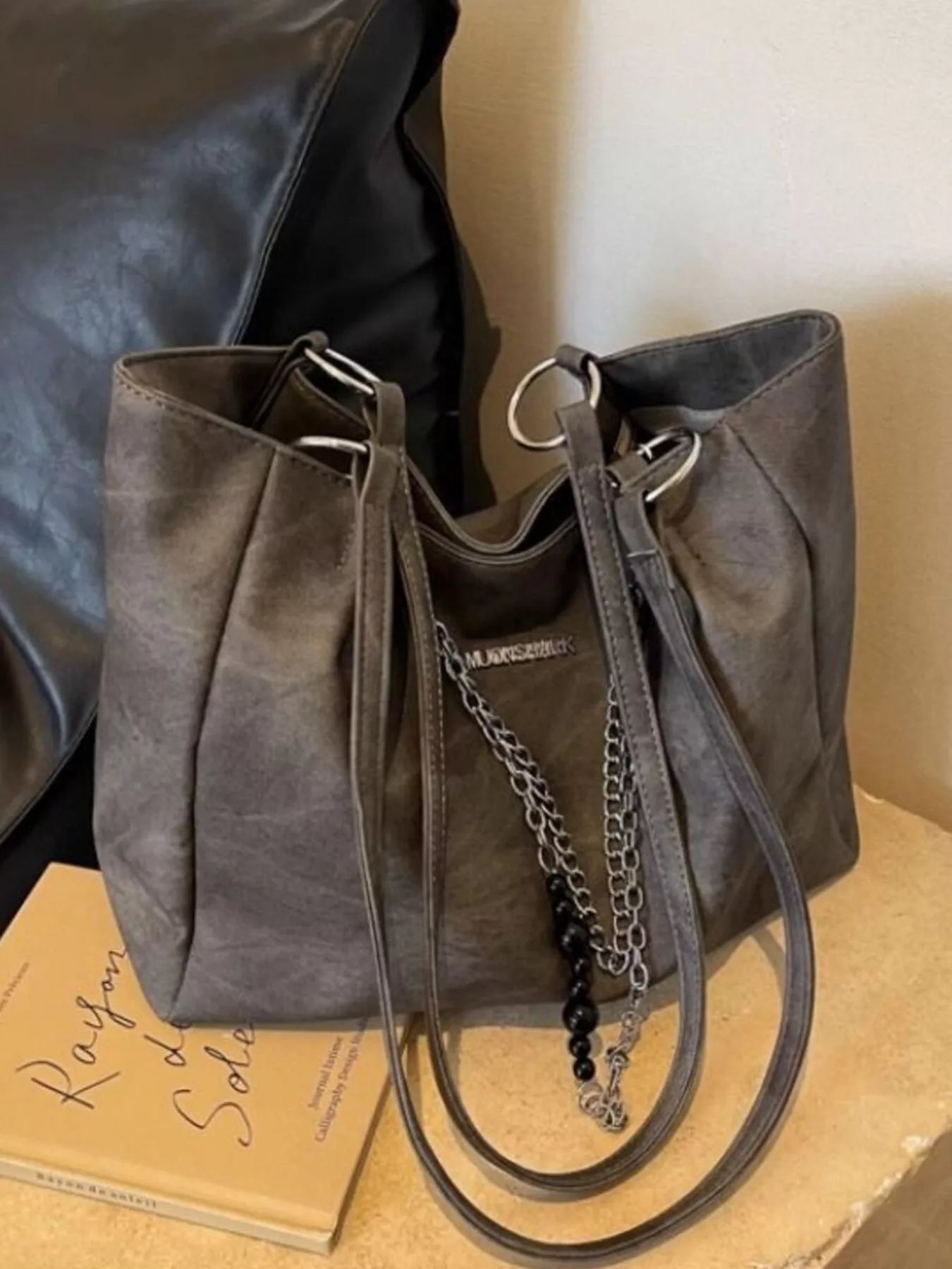 Chain Decor Shoulder Bag by Trendsi, large grey PU with silver chain accents.