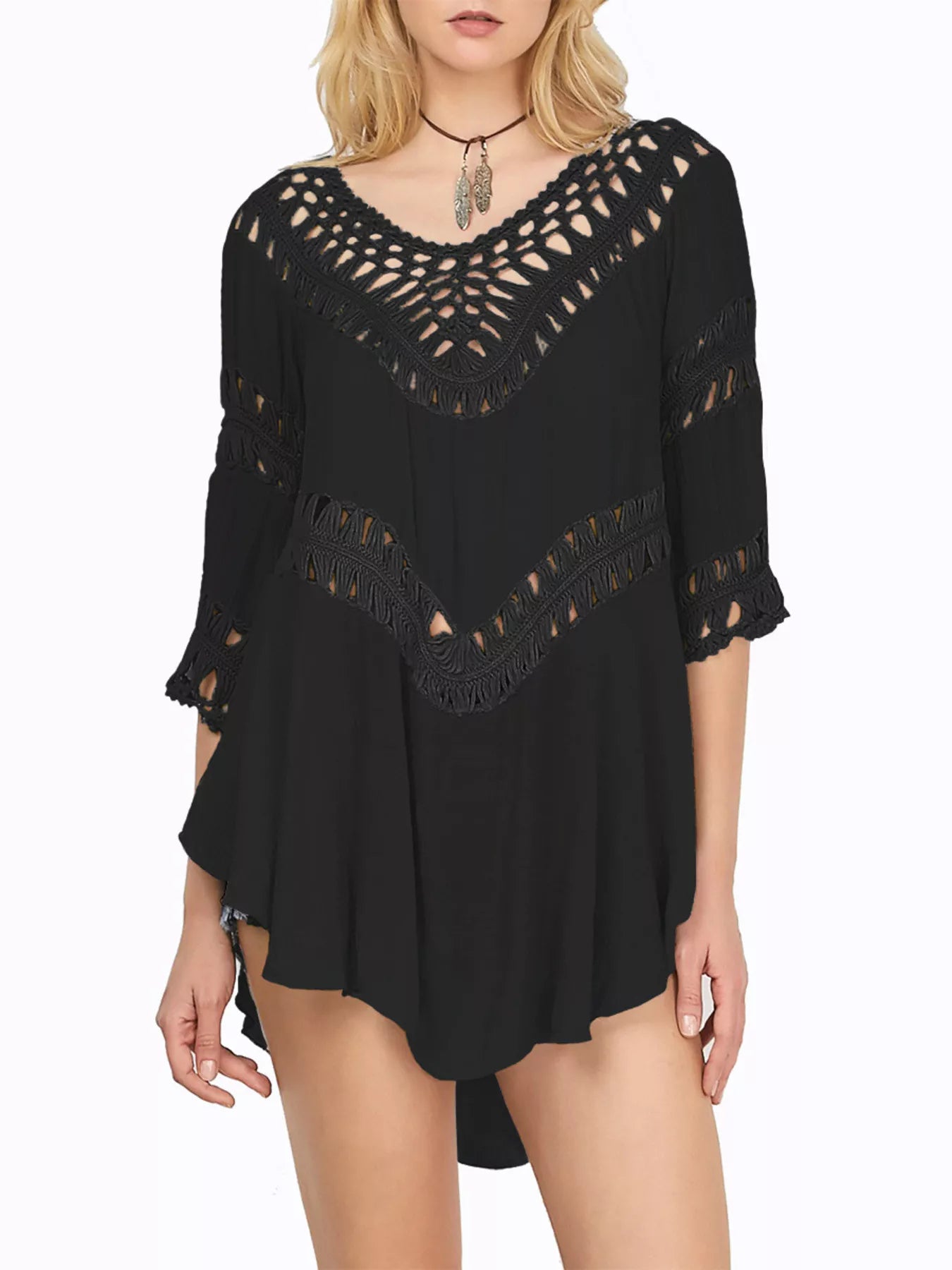 Crochet-trimmed cover-up dress in black, crochet neckline and loose short sleeves