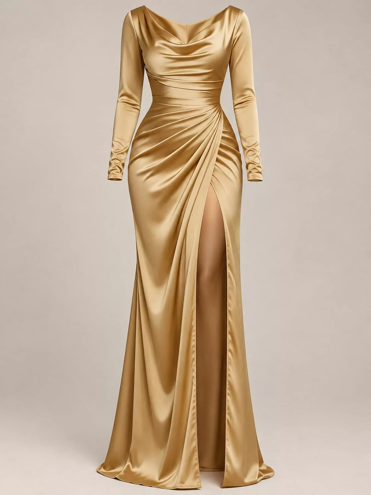 Gold satin cowl-neck maxi dress with long sleeves and high side slit