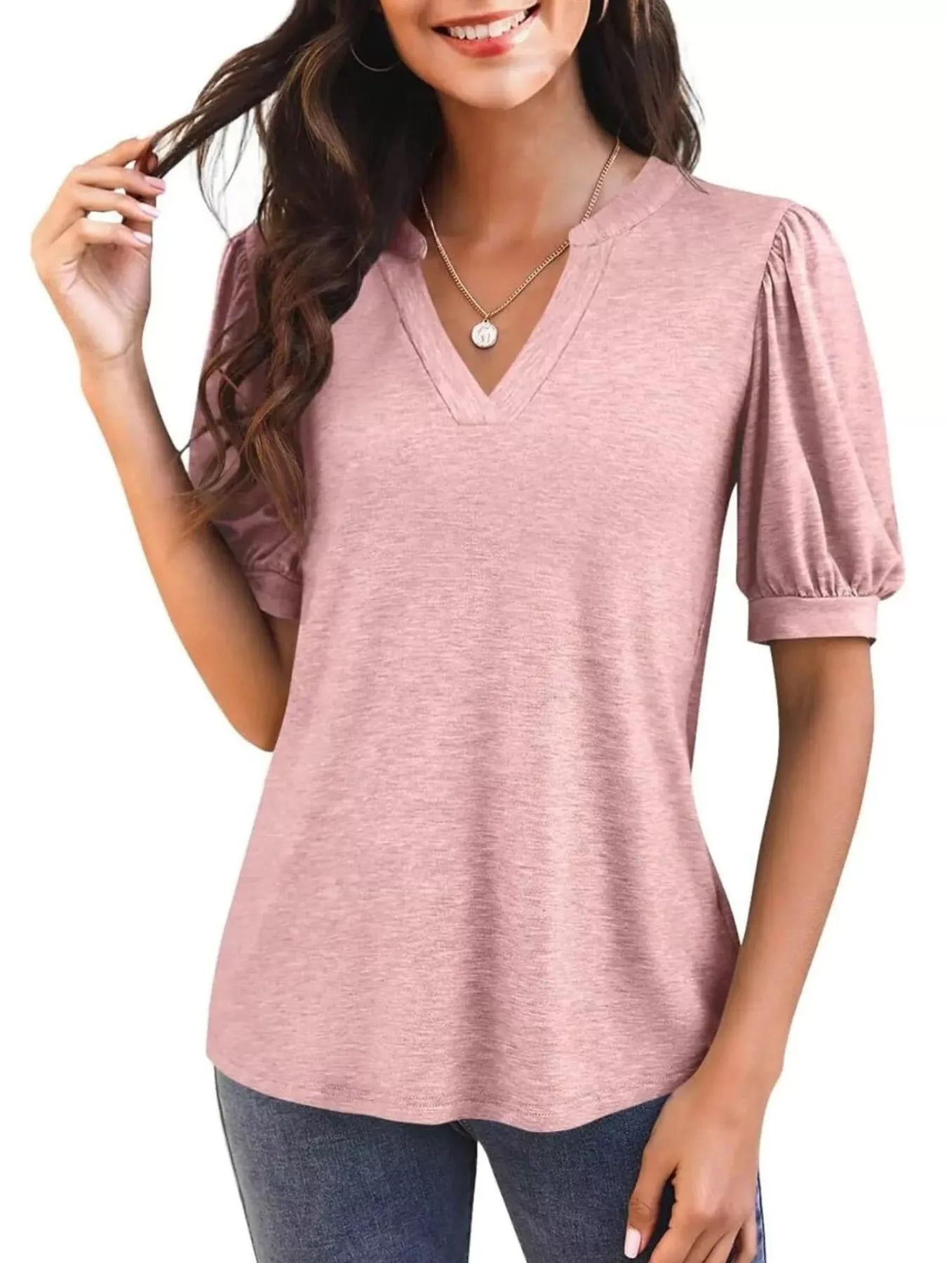 Cedar & Moore Trendsi pink heather puff-sleeve notched casual T-shirt, V-neck
