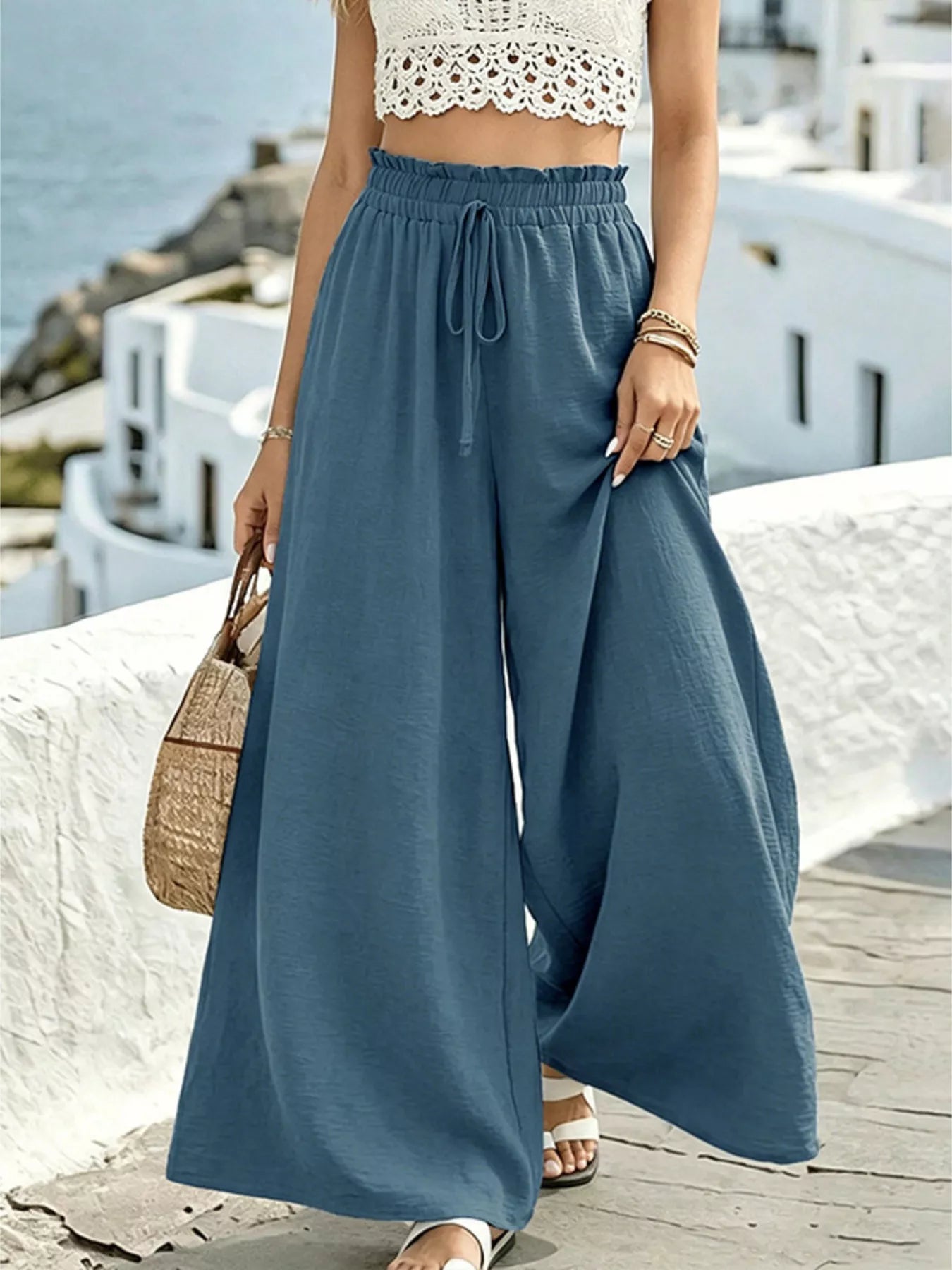 Women’s wide-leg drawstring pants, dusty blue, elastic waist with drawstring