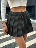 Black striped pleated mini skirt with front tie and elastic waistband