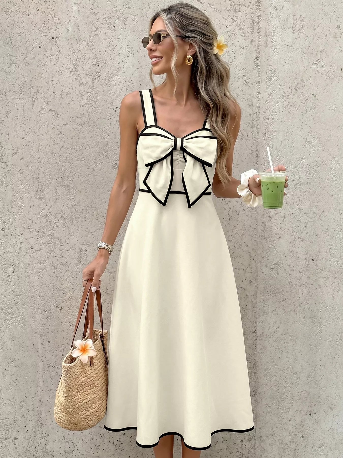 Cedar & Moore Bowknot Trim A-Line Midi Dress in cream with black piping, spaghetti straps, large front bow