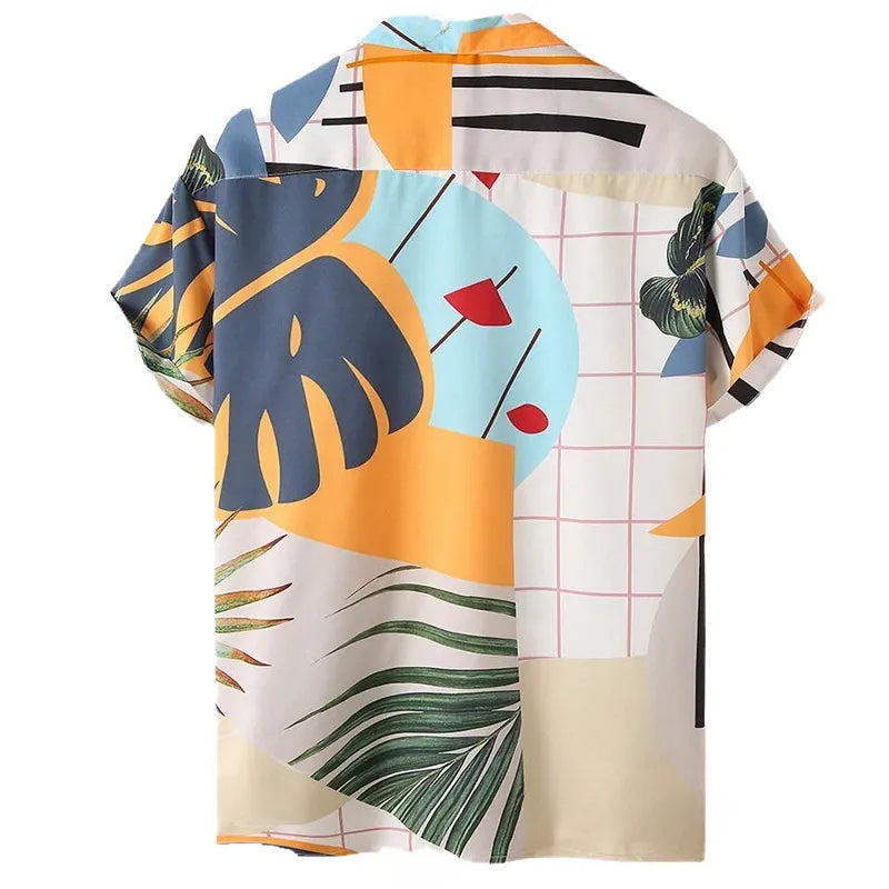 Beige printed short-sleeve shirt with tropical leaf motifs and orange, blue, red accents