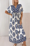 Floral print V-neck dolman dress with contrast patchwork, blue-and-white