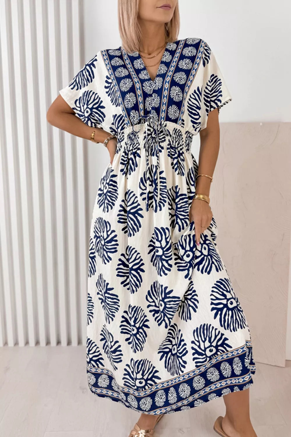 Floral print V-neck dolman dress with contrast patchwork, blue-and-white