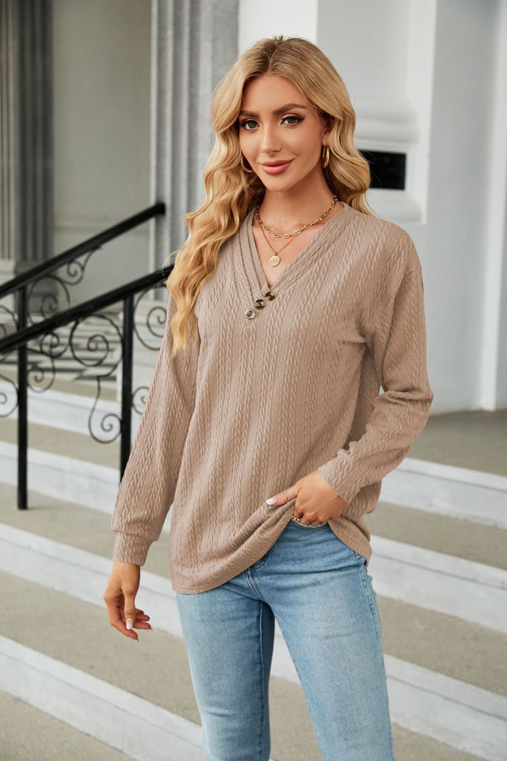 Cedar & Moore decorative button V-neck long sleeve T-shirt in taupe knit with textured pattern