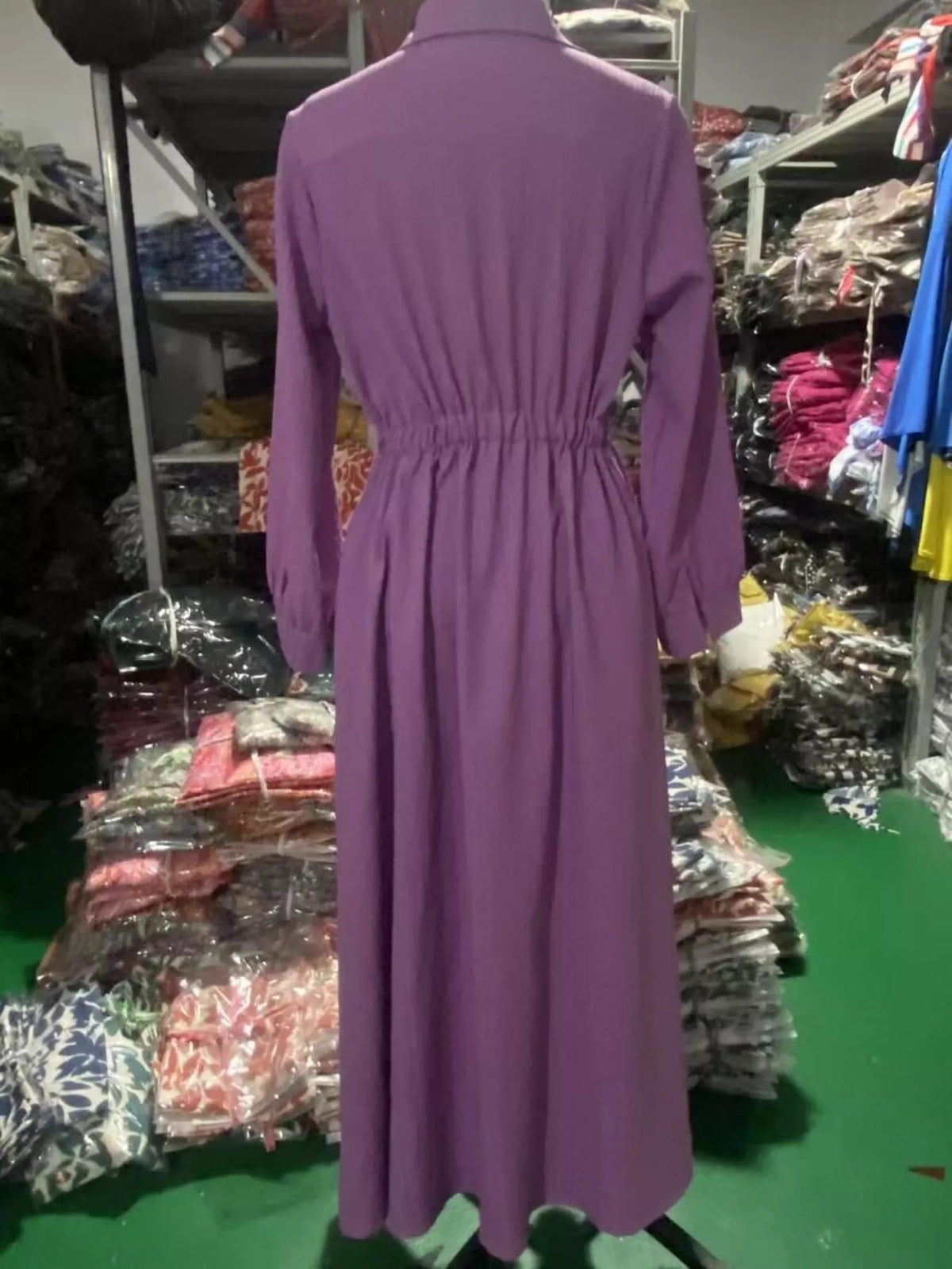 Lilac maxi button-front shirtdress back view with gathered waist and button closure