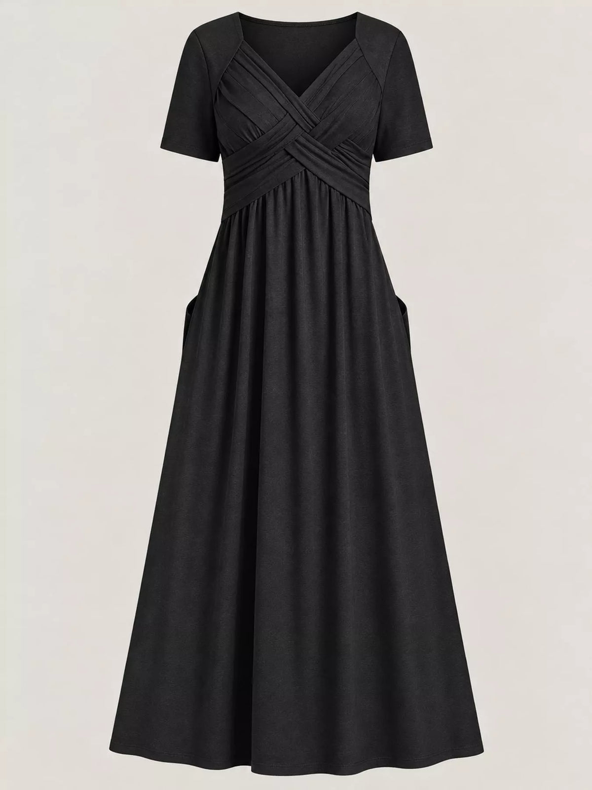 Black high-waist midi dress with crisscross V-neck bodice, short sleeves