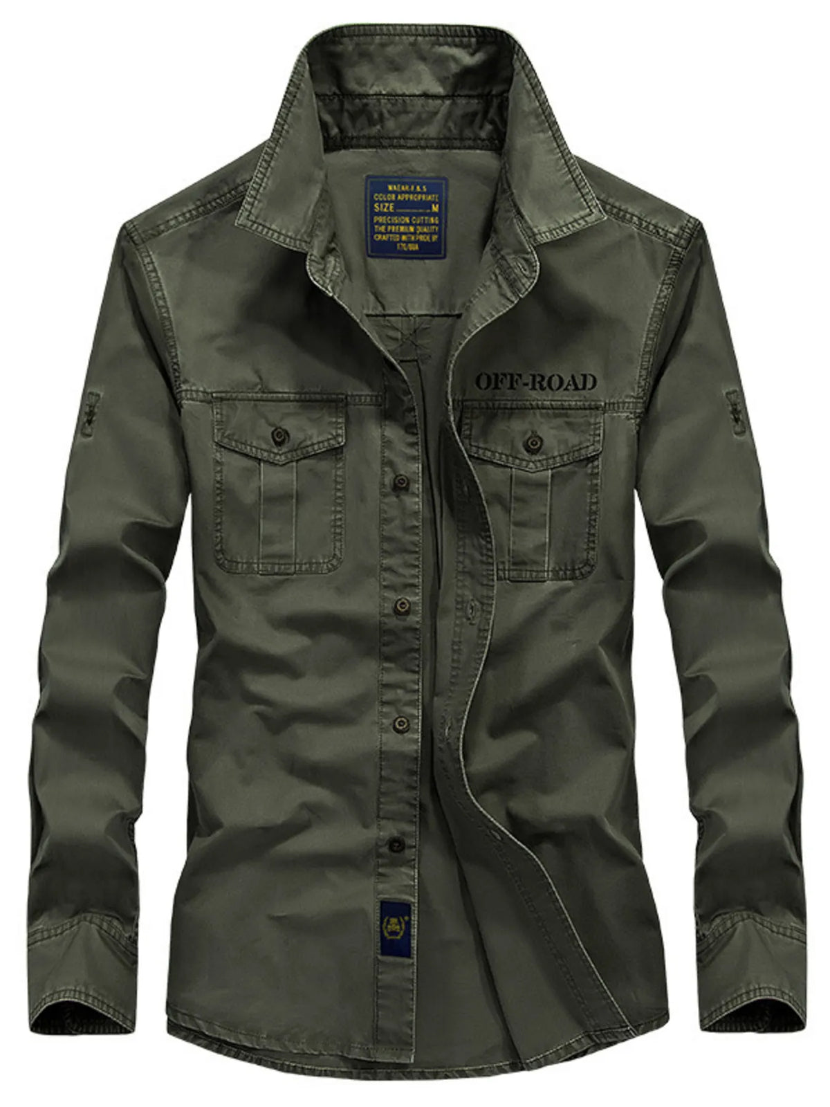 Men's army green long-sleeve button-up shirt with two chest pockets and button placket