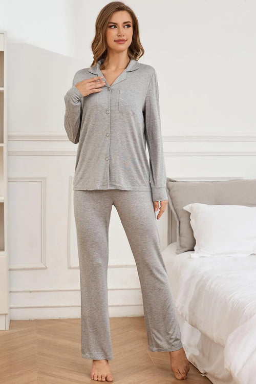 Gray long sleeve button-up lounge top with front placket and matching pants