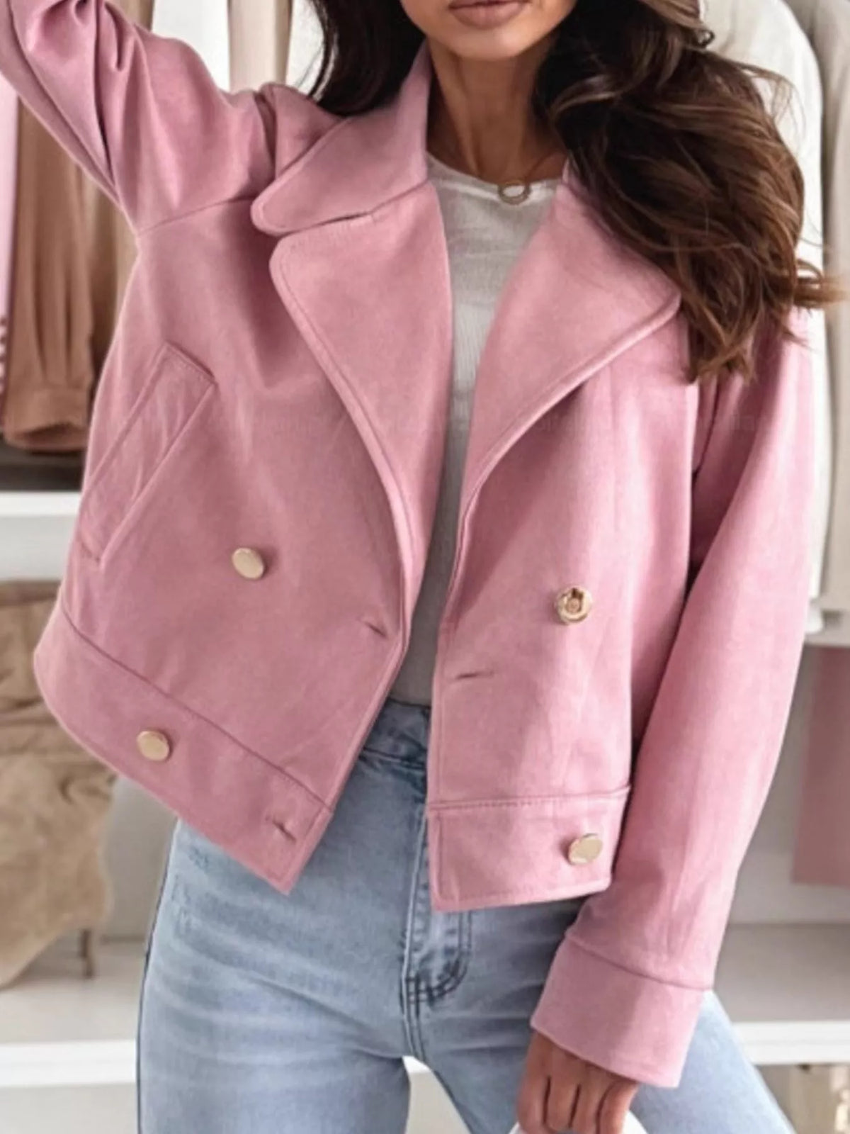 Dusty pink cropped double-breasted jacket with gold buttons and front patch pockets