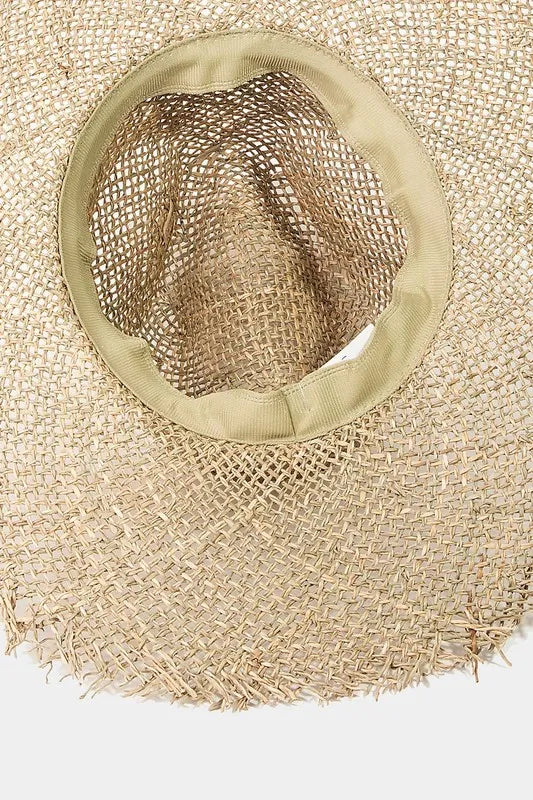 Tan straw fedora hat interior with fabric band and mesh crown