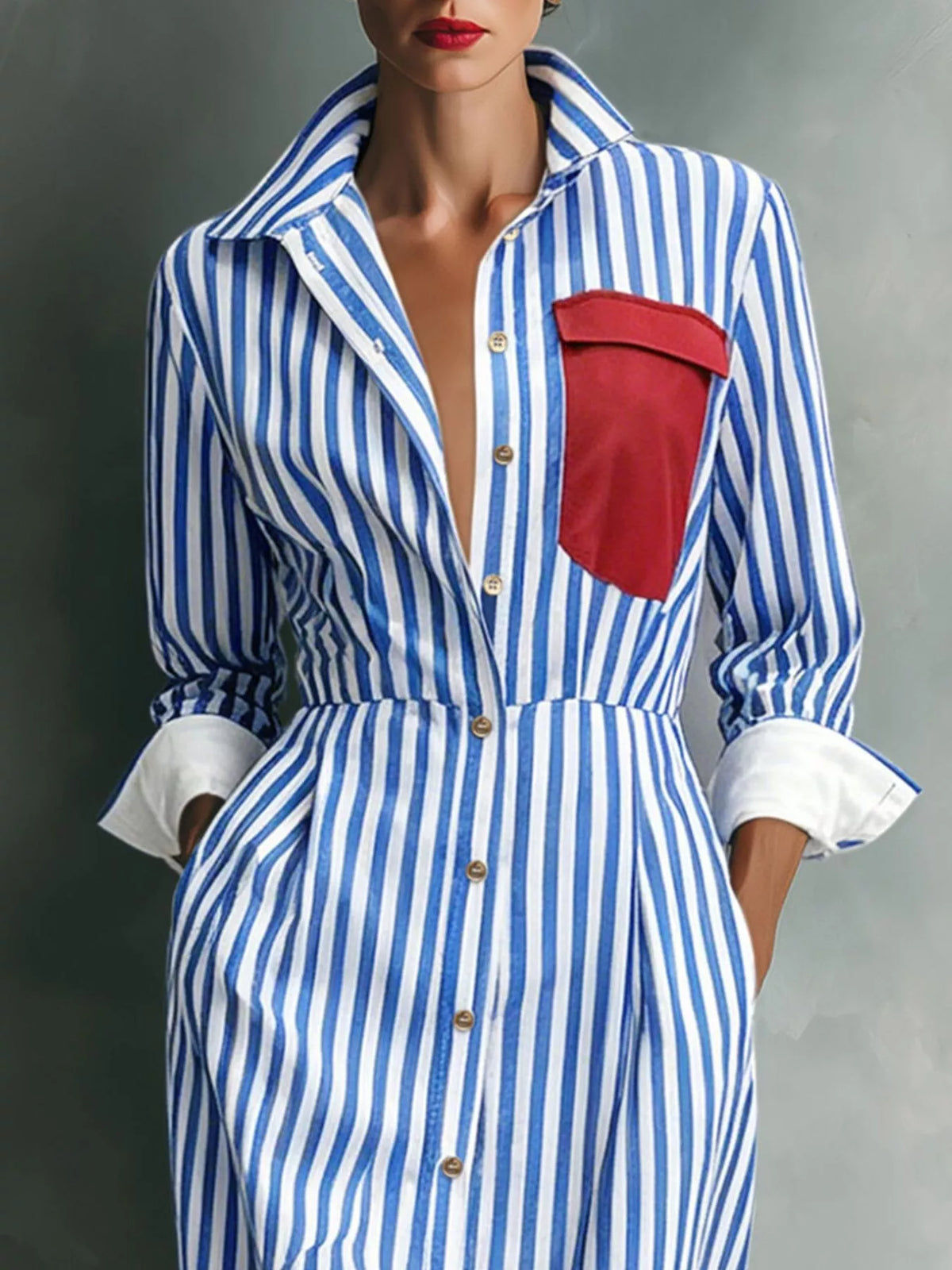 Blue striped shirt dress with pointed collar and red contrast chest pocket, button-front.