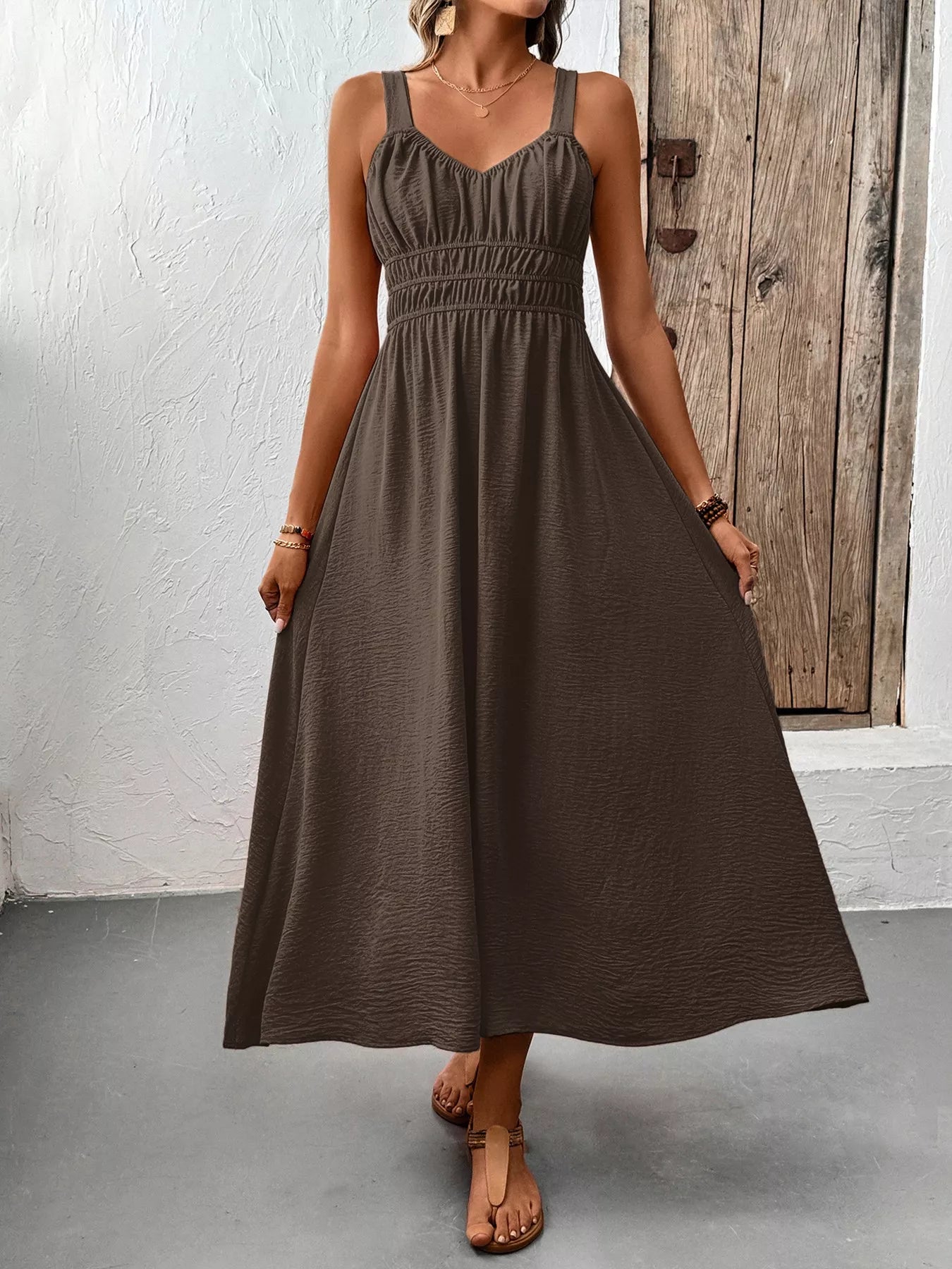 Cedar & Moore sleeveless smocked waist casual midi dress in taupe by Trendsi