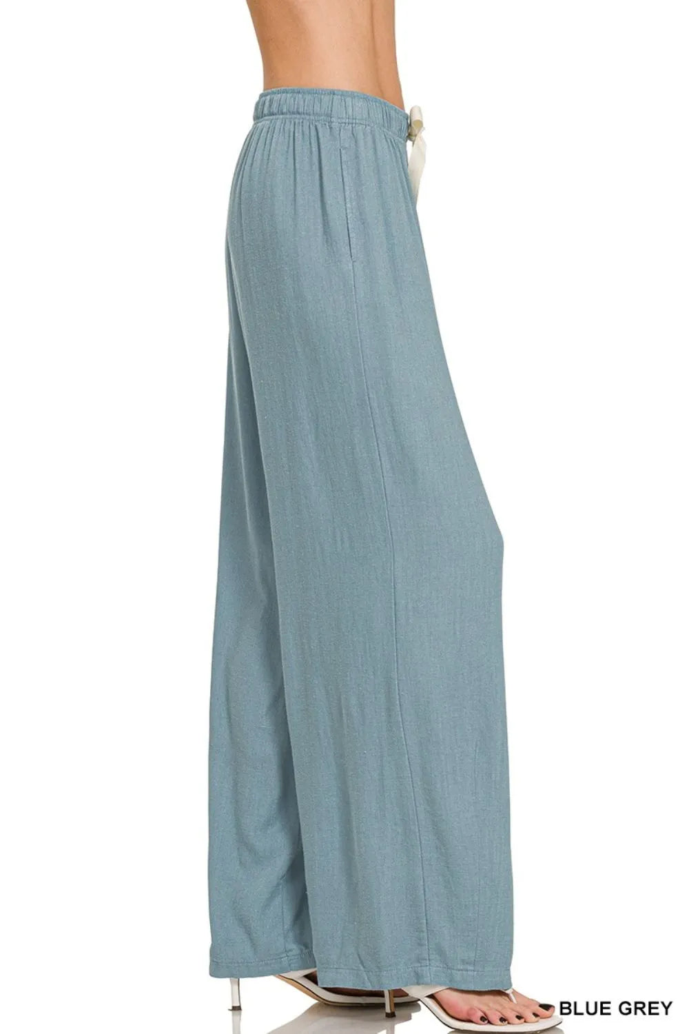 Linen drawstring pants in blue grey, elastic waistband, relaxed wide legs
