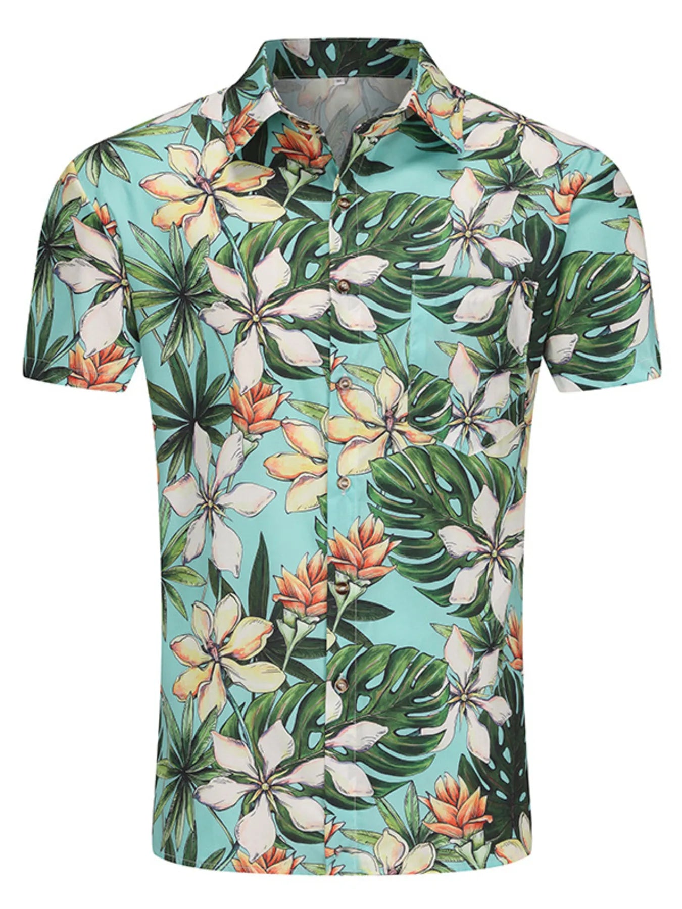 Men's button-up shirt with turquoise base and white floral tropical print, short sleeves.