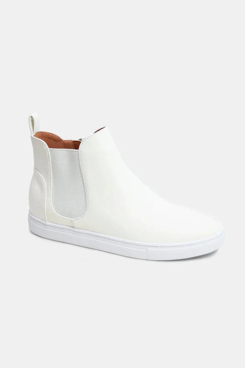 White suede Chelsea sneakers with elastic side gore and low white rubber outsole